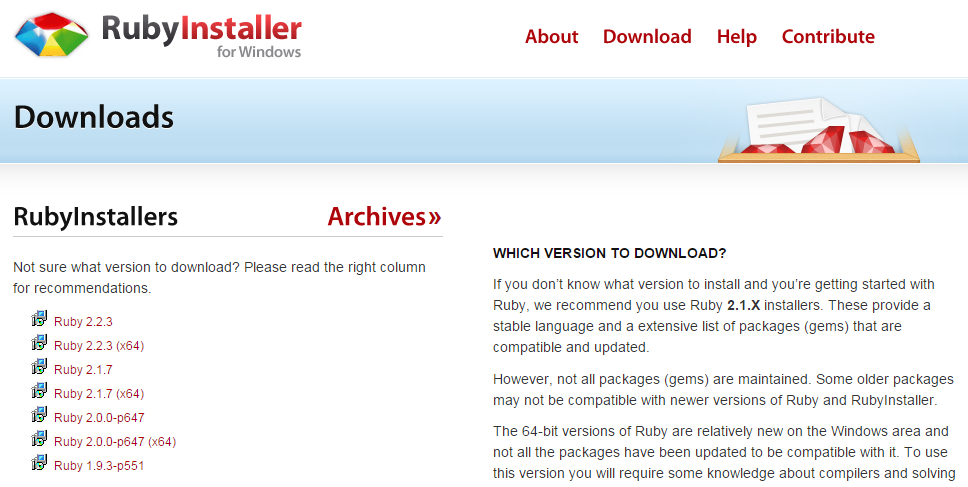 Página de download do RubyInstaller